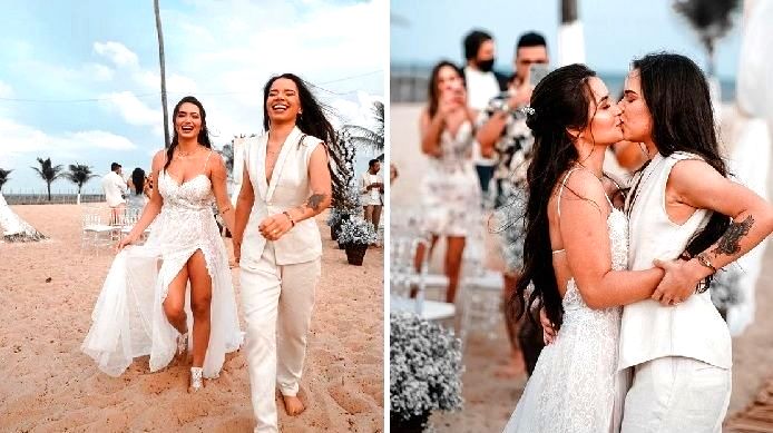 Cantora sertaneja Maria Clara e apresentadora Fernanda Aguiar se casam na praia em Pernambuco
