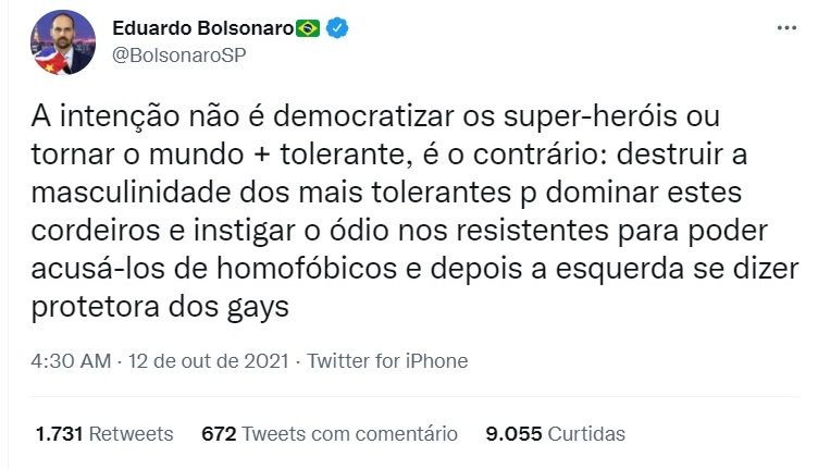 Eduardo Bolsonaro critica beijo gay em Superman