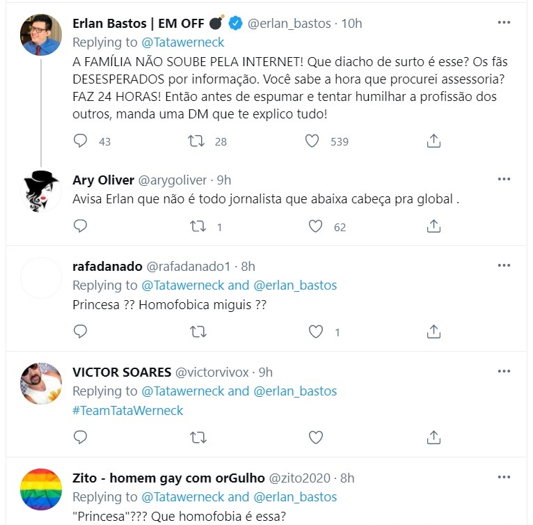 Erlan Bastos: Tatá Werneck chama jornalista gay de princesa