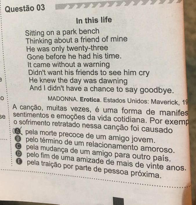 Enem 2019 usa letra de Madonna sobre morte de amigo gay por aids