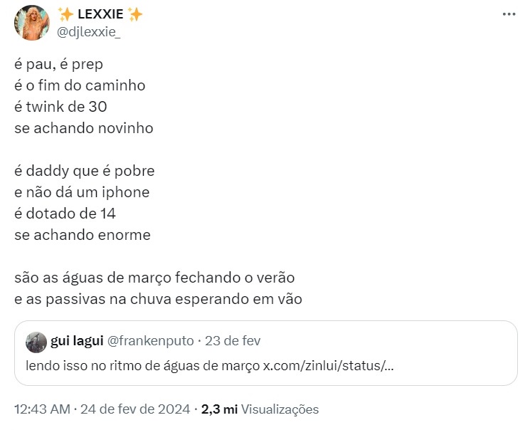 Versão gay de Águas de Março da drag queen Lexxie